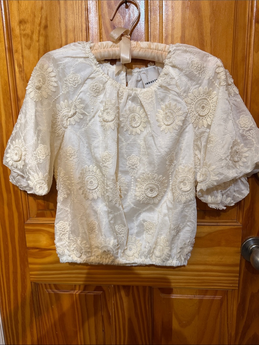 Embroidered Ivory Puff Sleeve Top